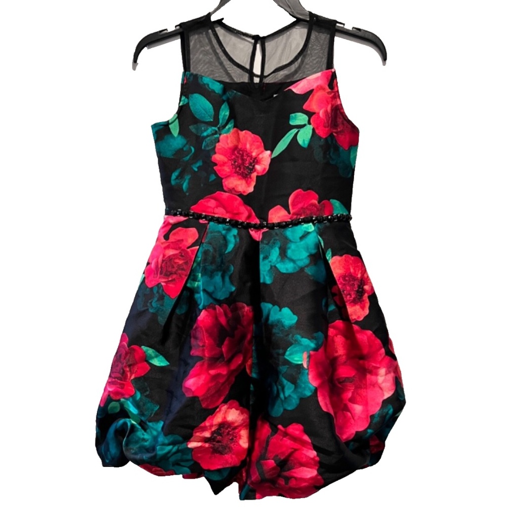 Speechless Big Girls Floral Embellished Bubble Dress, Red/Green/Black Sz 14